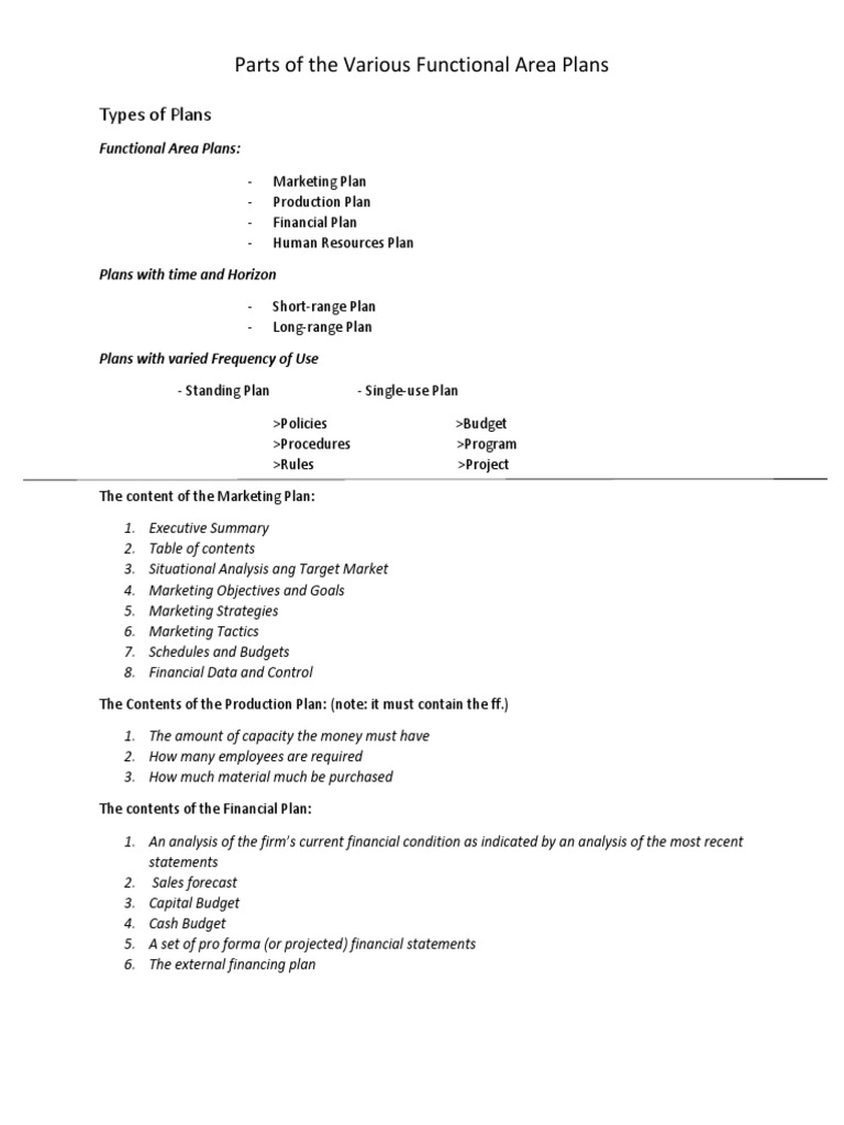 Parts of The Various Functional Area Plans | PDF | Marketing | Market ...
