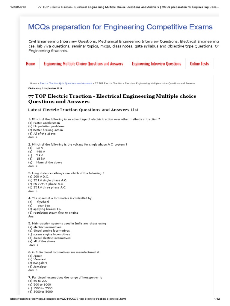MCQS On Electric Traction PDF Train
