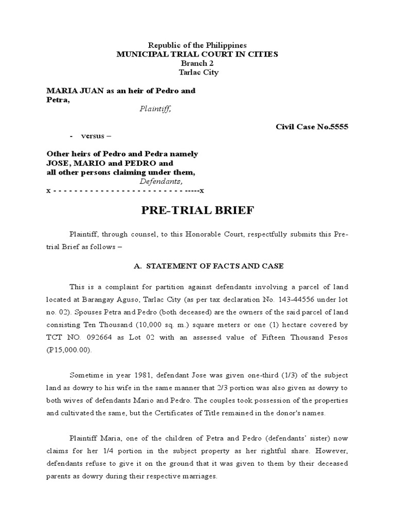 Pre-Trial Brief: Municipal Trial Court in Cities | PDF | Discovery (Law ...