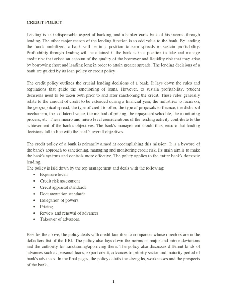 Bank Credit Policy Guidelines | PDF | Loans | Credit
