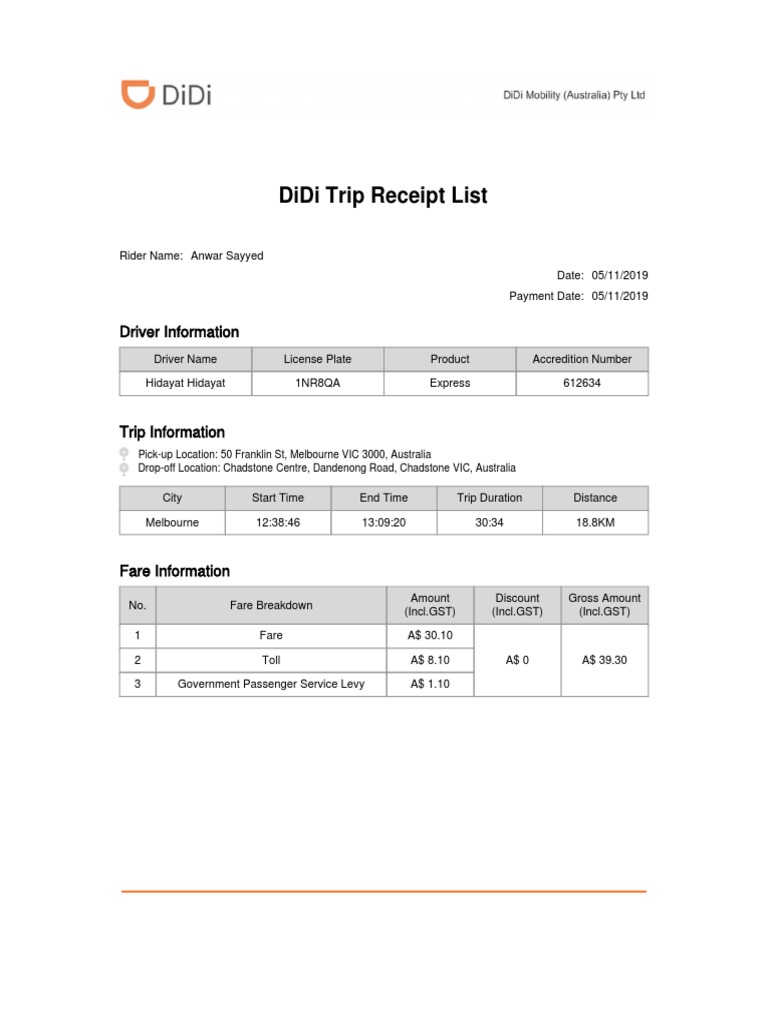 Didi Trip Receipt List Driver Information PDF Economics Of Transport And Utility Industries