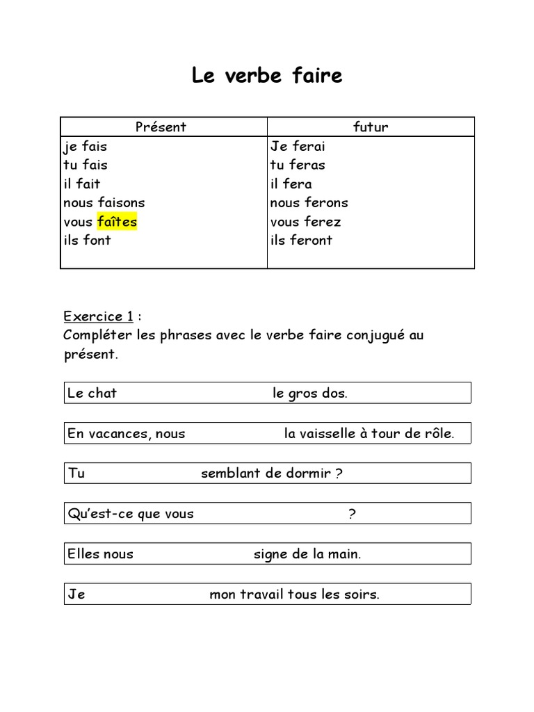 Exercices sur le verbe faire | PDF