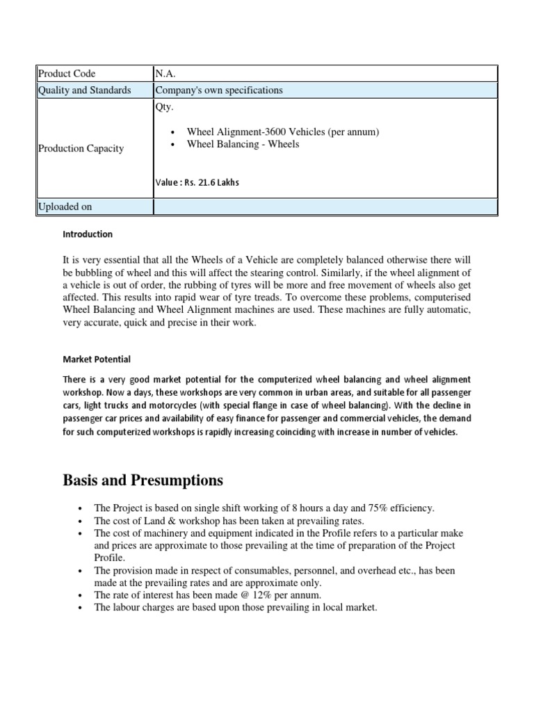 Business Plan Wheel BAlancing and Alignment PDF Machines Car