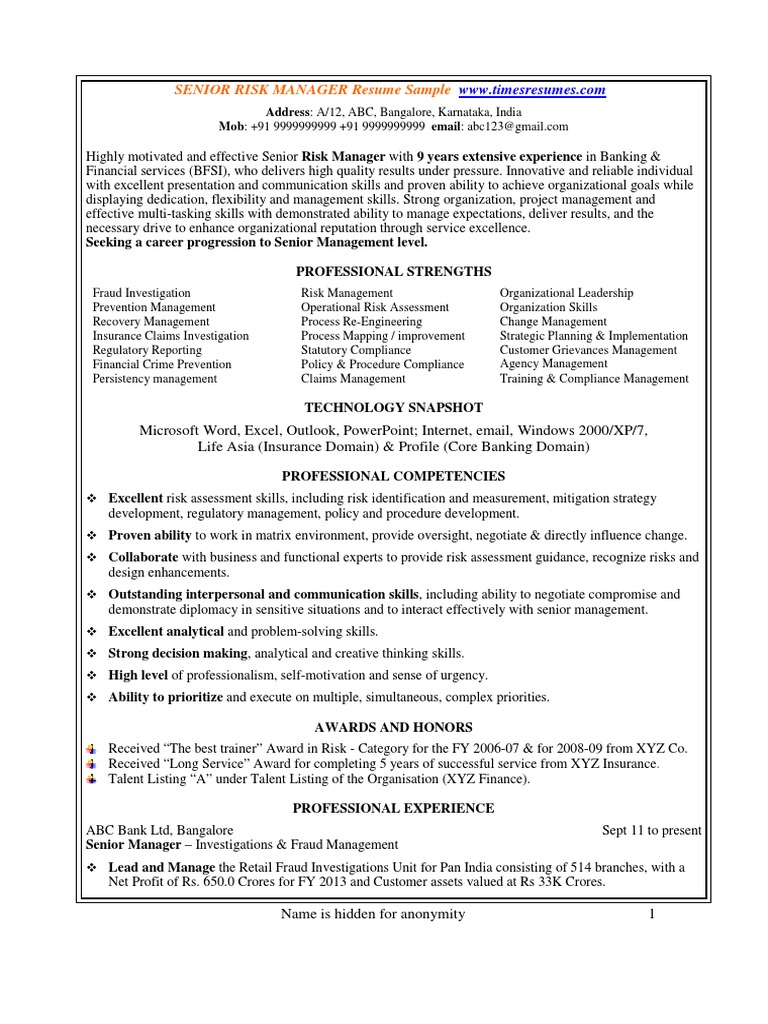 Senior Risk Manager Resume Sample Risk Management Fraud