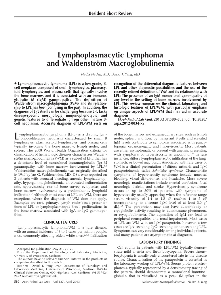 Lymphoplasmacytic Lymphoma Review | PDF | B Cell | Lymphoma