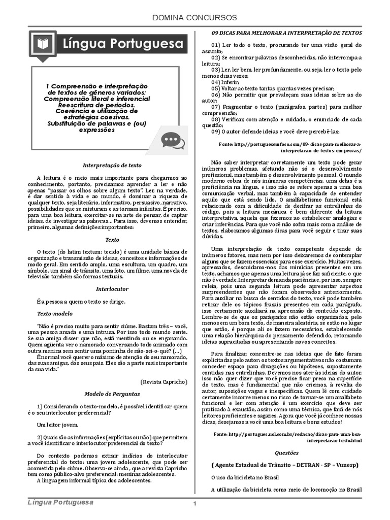 Exercicios De Portugues Pdf Trafego Interpretacao Linguistica