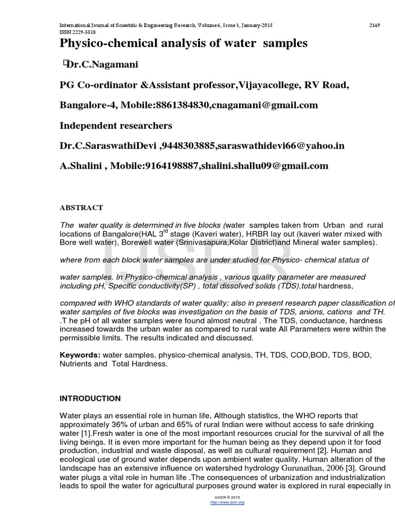 Physico Chemical Analysis of Water Samples 1 PDF Water Quality Water