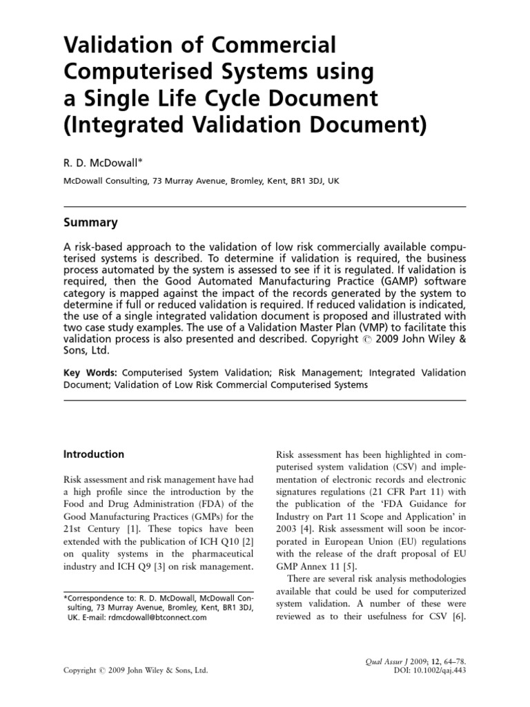 Validation of COTS Using Single Life Cycle Approach RD McDowall PDF