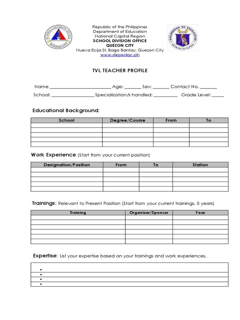 TVL Teacher Profile Template | PDF
