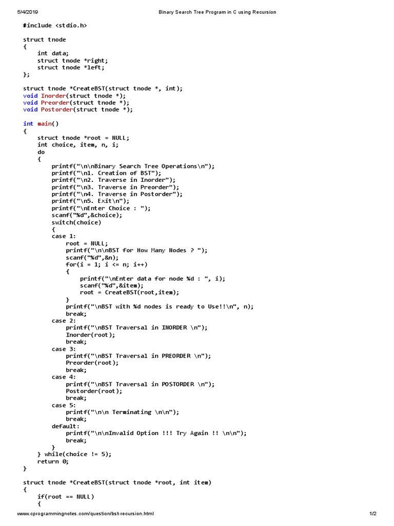 Binary Search Tree Program in C Using Recursion | PDF | Theoretical ...
