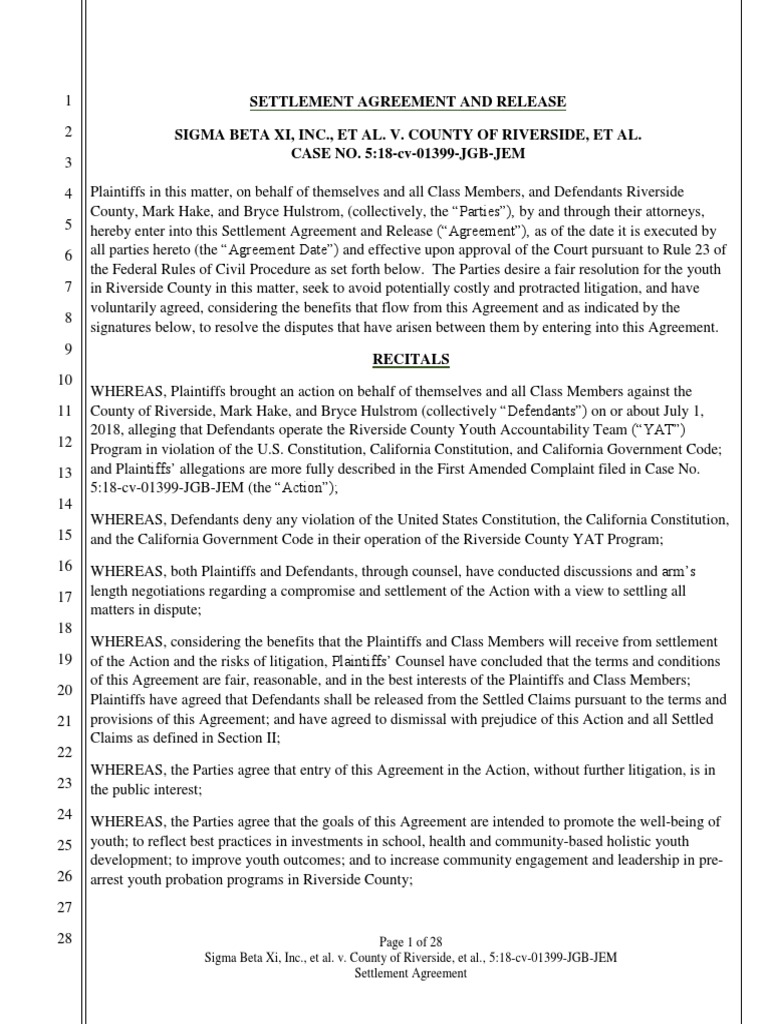 Tentative Settlement in ACLU vs. Riverside County Lawsuit | PDF ...