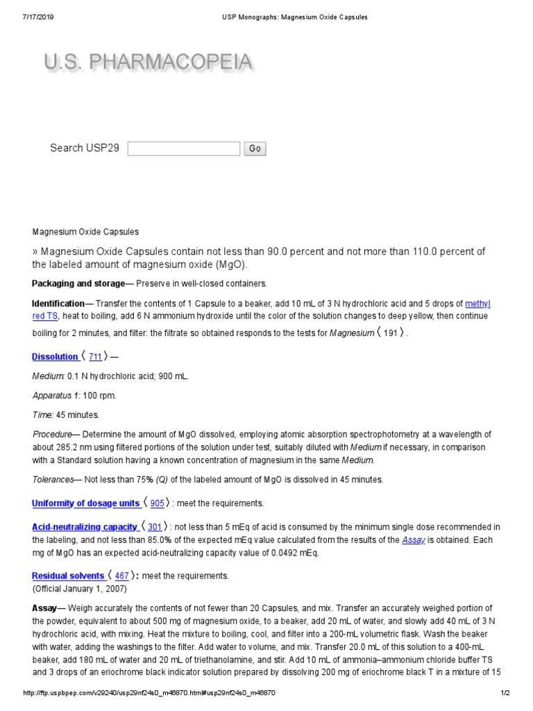 USP Monographs Magnesium Oxide Capsules PDF Magnesium Materials