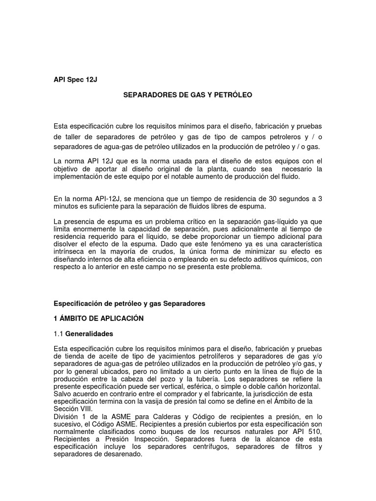 Especificación API 12J: Separadores de Gas y Petróleo | PDF | Petróleo ...