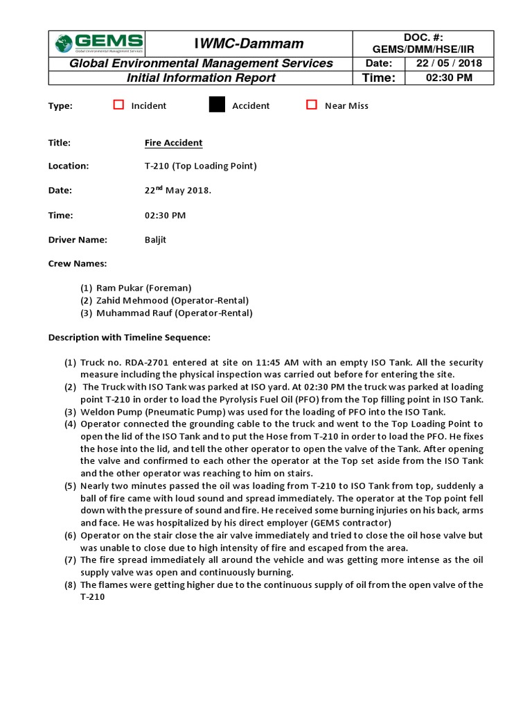 Initial Fire Accident Report (00000002) | PDF | Firefighting | Fires