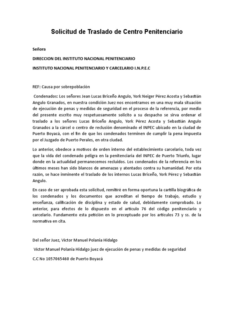 Solicitud De Traslado De Centro Penitenciario Pdf