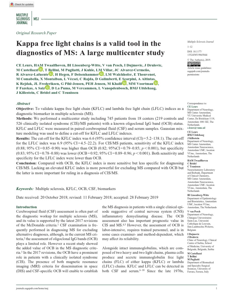 Kappa Free Light Chains Is A Valid Tool in The Diagnostics of MS A
