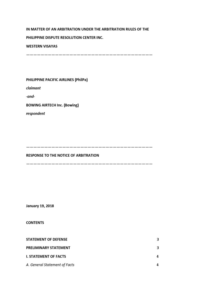 Statement of Defenses | PDF | Arbitral Tribunal | Arbitration