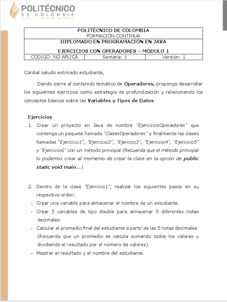 Modulo 1 Ejercicios Operaciones Java Lenguaje De Programacion Variable Informatica