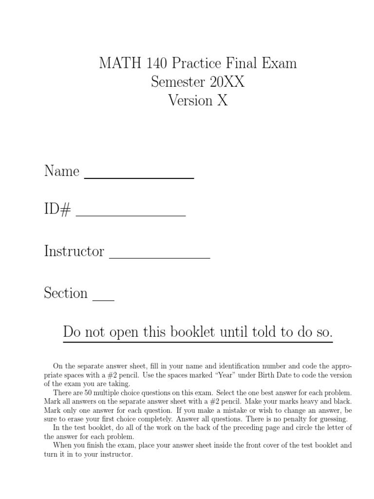 MATH 140 Practice Final Exam Solutions | PDF | Zero Of A Function ...