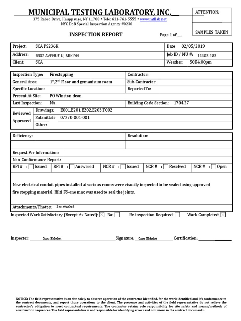 Firestopping Inspection Report for Electrical Conduit Installation at
