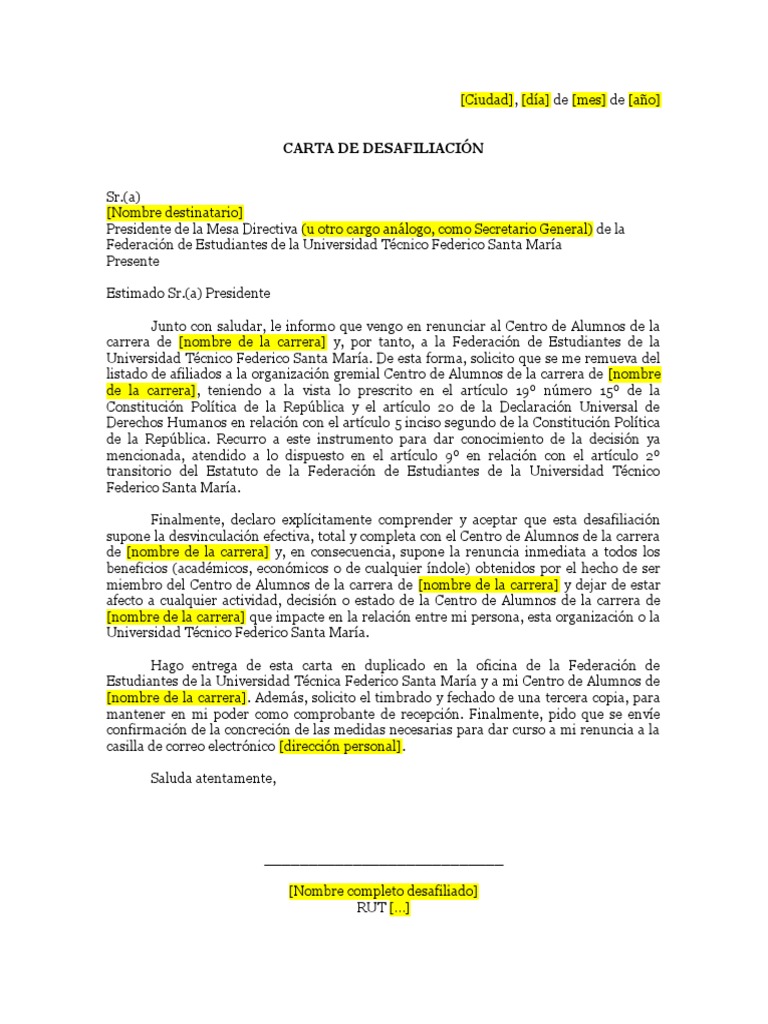 Modelo Carta de Desafiliación USM | PDF | Gobierno