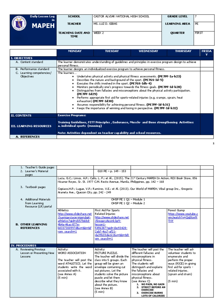 Grade 7 PE Week 2 Lesson Plan | PDF | Sports | Learning