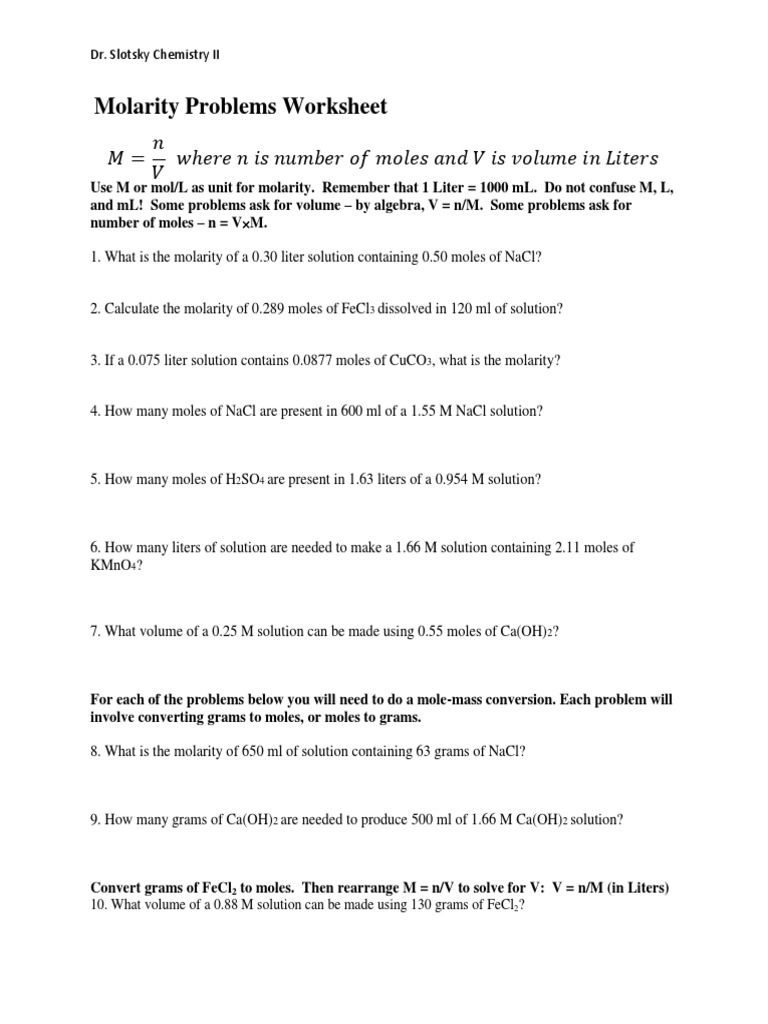 Molarity Problems Worksheet PDF