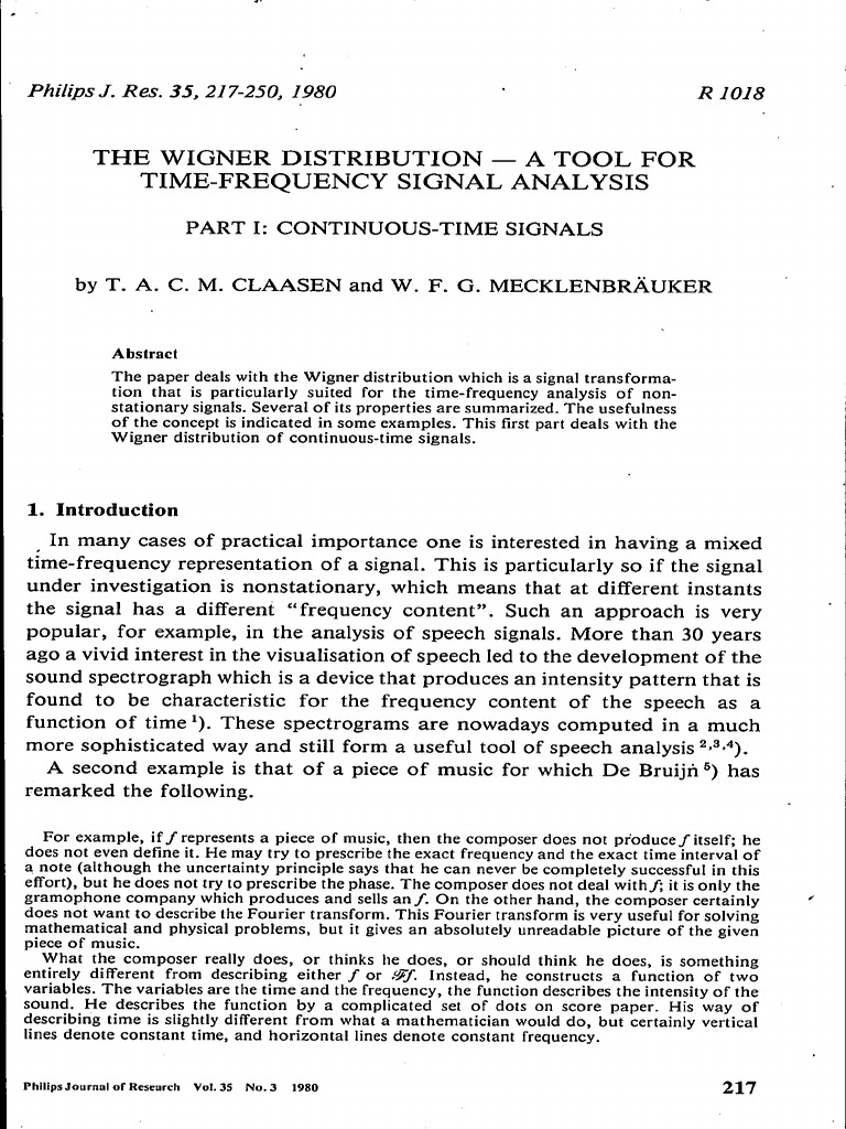 Wigner Distribution for Time-Frequency Analysis | PDF | Spectral ...