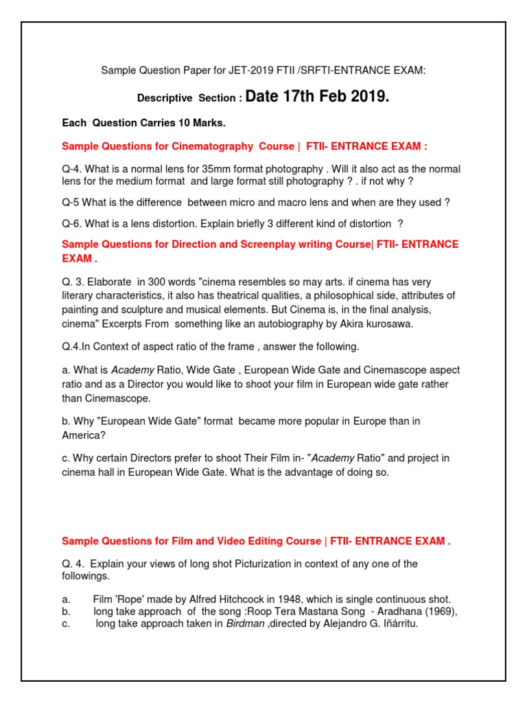 FTII JET 2019 Sample Question Paper | PDF | Cinematography | Entertainment