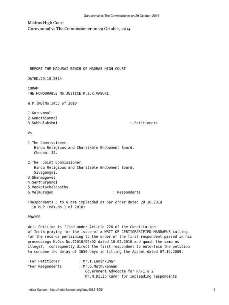 HR&CE Judgement PDF Ex Parte Legal Procedure