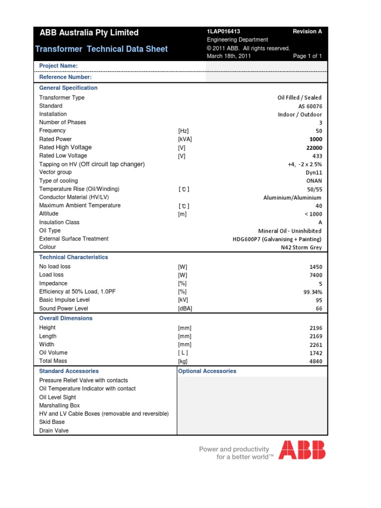 Transformer Technical Data Sheet For The 1LAP016413 PDF Transformer