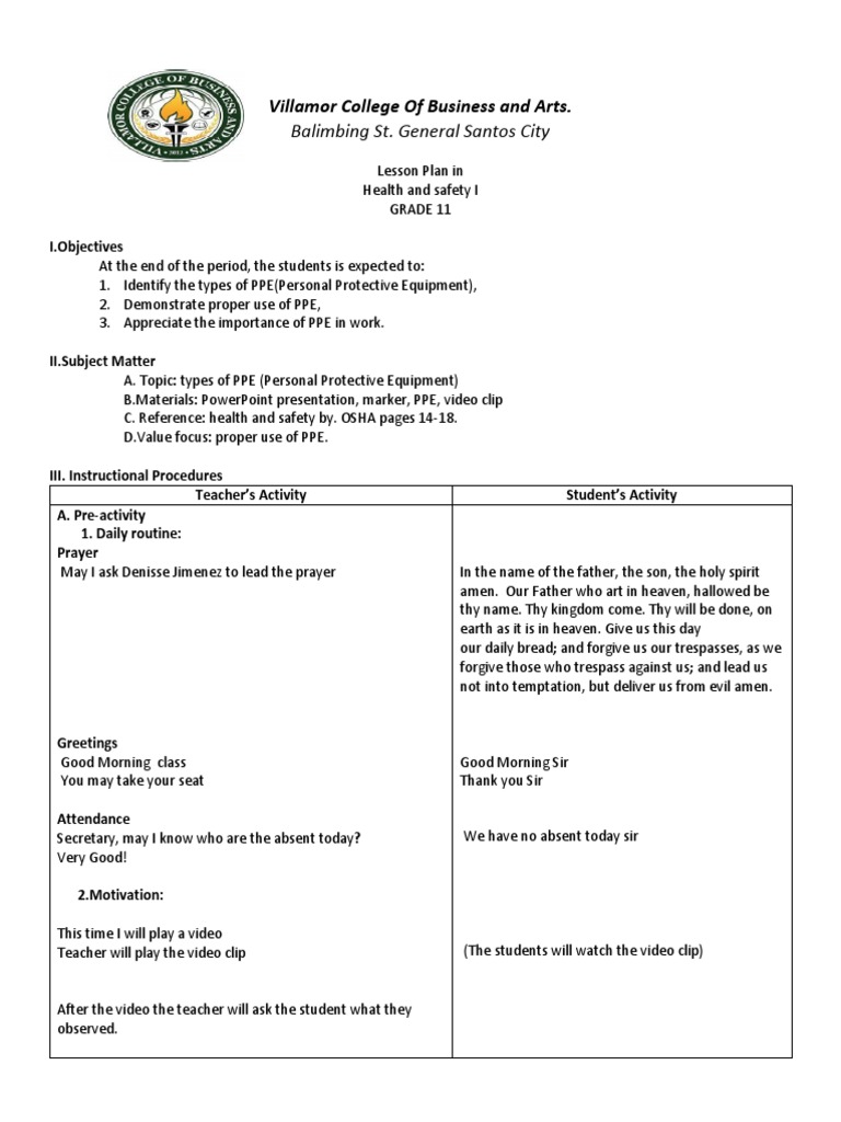 PPE Lesson Plan for Grade 11 | PDF | Personal Protective Equipment ...