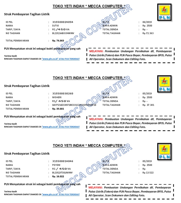Struk Pembayaran Tagihan Listrik