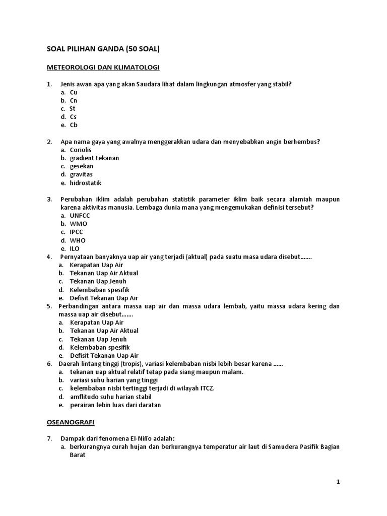 Soal Pilihan Ganda Materi Atmosfer