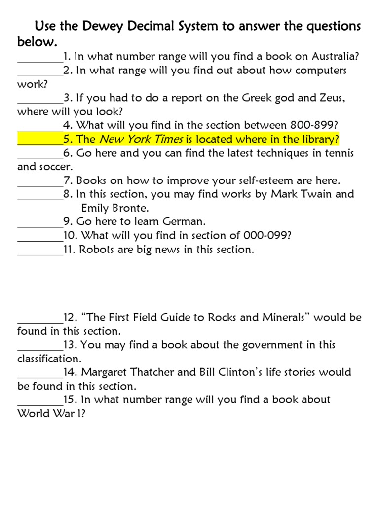 Use The Dewey Decimal System To Answer The Questions Below | PDF for Free Printable Dewey Decimal Practice Worksheets