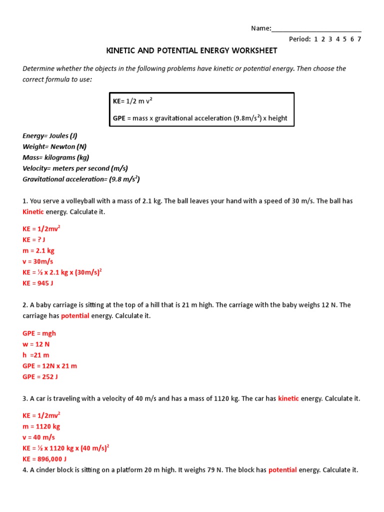 Kinetic and Potential Energy HW 1 Answers | PDF | Kinetic Energy | Potential  Energy