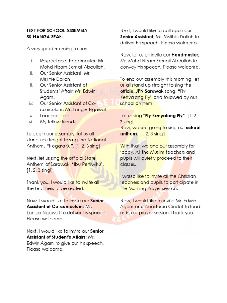 Text For School Assembly 2019 | PDF