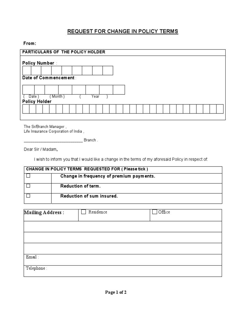 Request For Change in Policy Terms: From | PDF