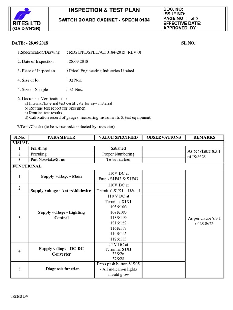 Switch Board Cabinet Test Plan | PDF | Alternating Current | Voltage
