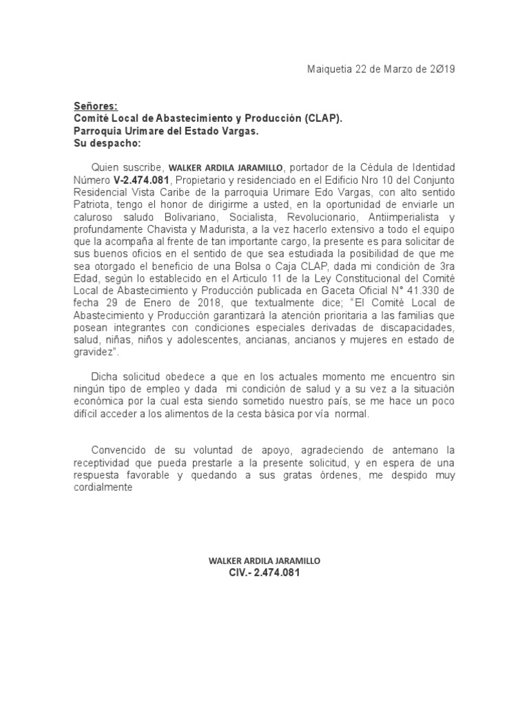 Carta Modelo Clap Gobierno Politica