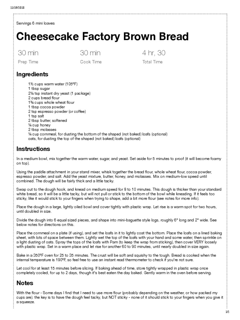 Cheesecake Factory Brown Bread PDF Dough Breads