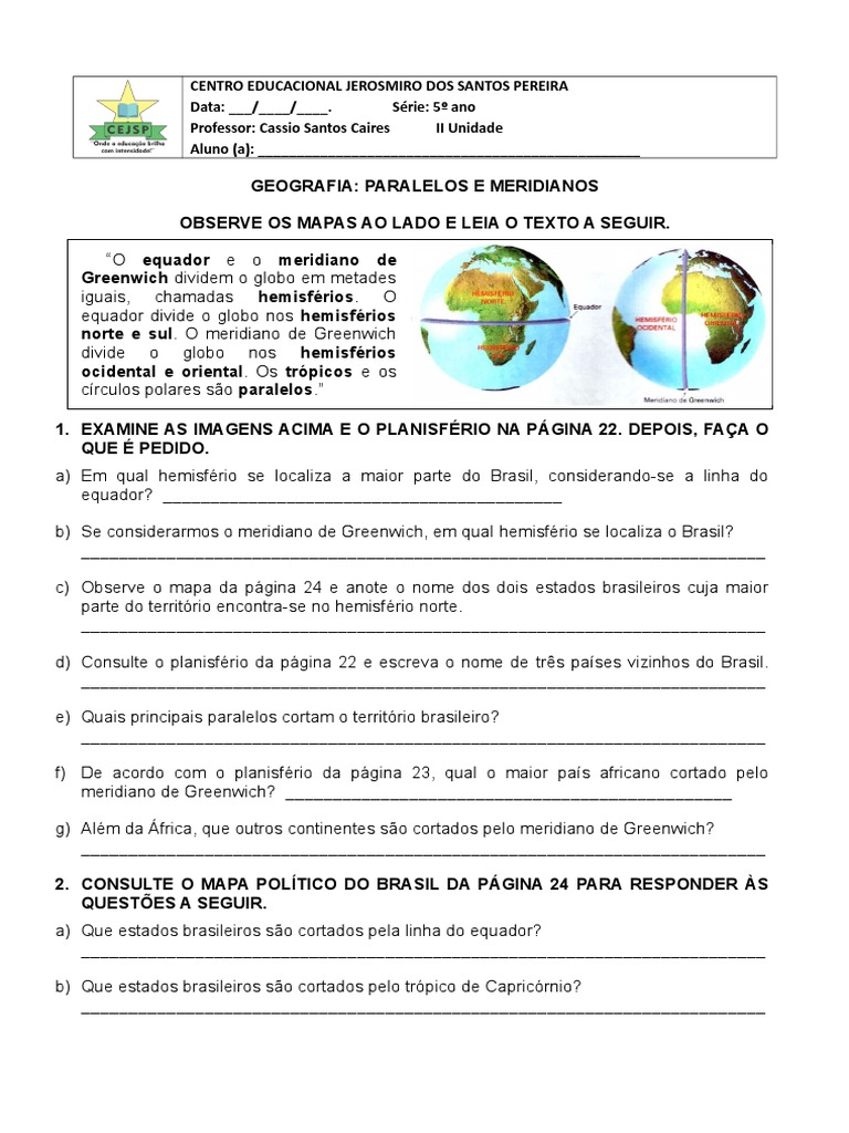 Atividades sobre Paralelos e Meridianos 5º Ano | PDF