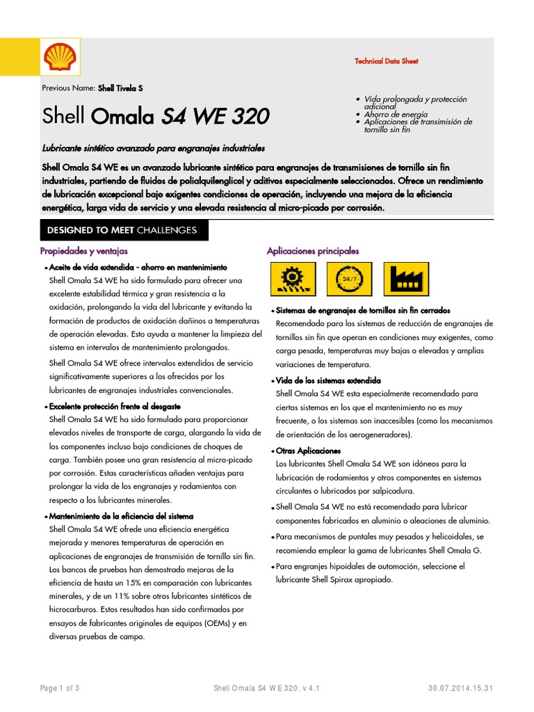 Ficha Técnica Shell Omala S4 WE 320 | PDF | Lubricante | Engranaje
