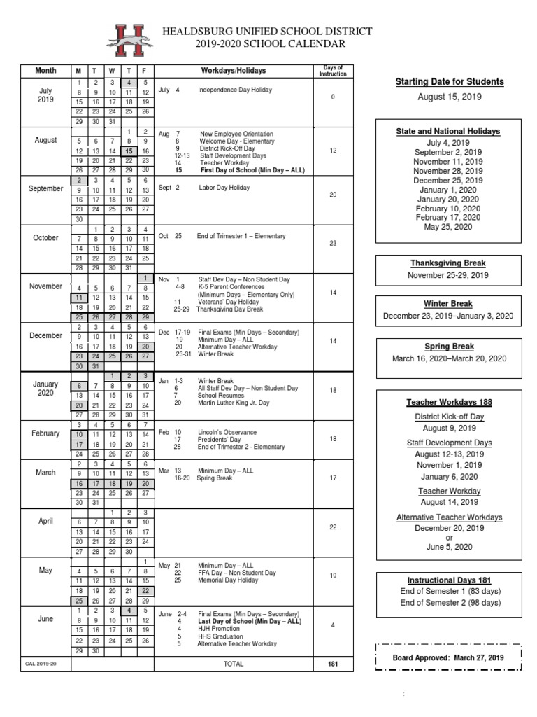 Healdsburg Unified School District 20192020 School Year Calendar PDF