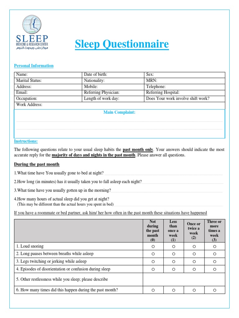 Comprehensive sleep questionnaire and assessment pdf chronic