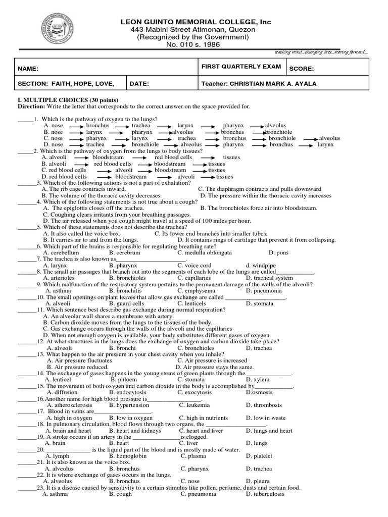 Grade 9 Science Q1 Exam & Answers | PDF | Lung | Zygosity