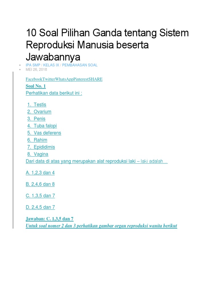 10 Soal Pilihan Ganda Tentang Sistem Reproduksi Manusia Beserta Jawabannya Docx