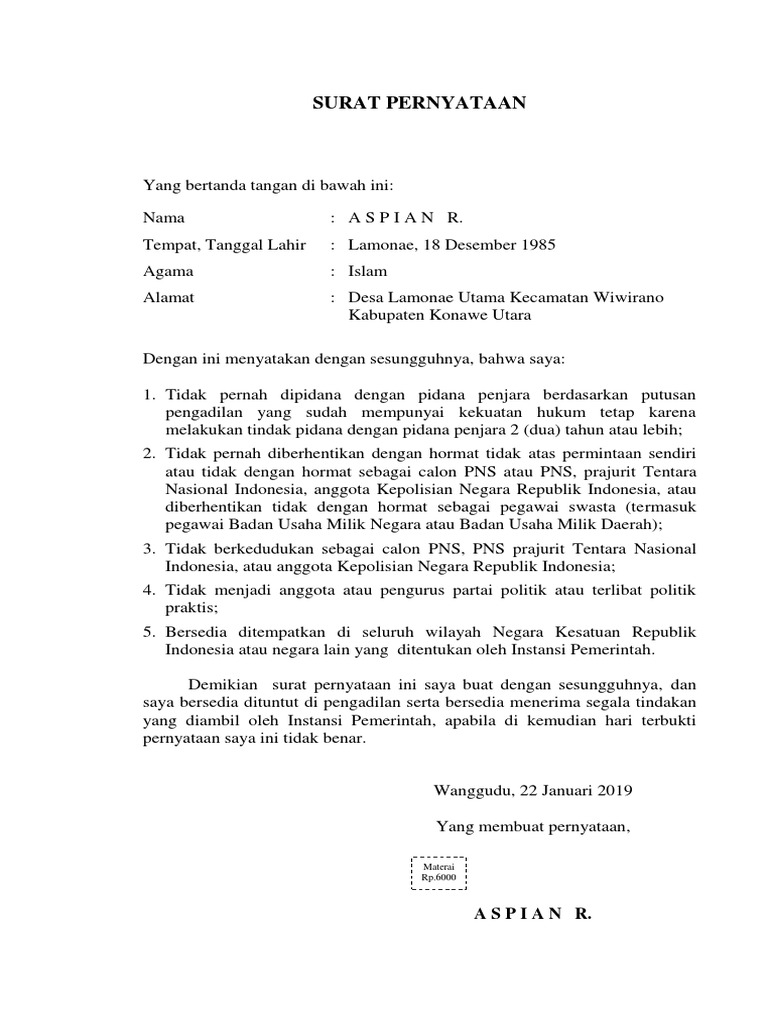 Surat Pernyataan Cpns 5 Poin Pdf