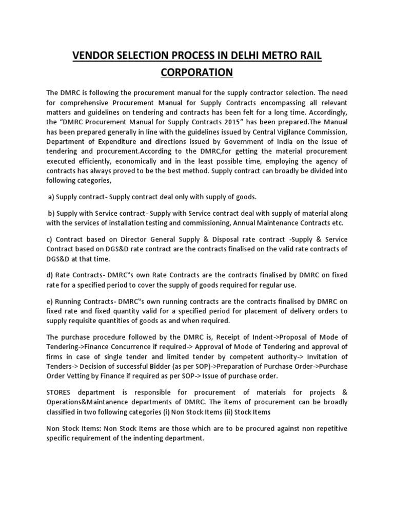 DMRC Vendor Selection Process Overview | PDF | Procurement | Government