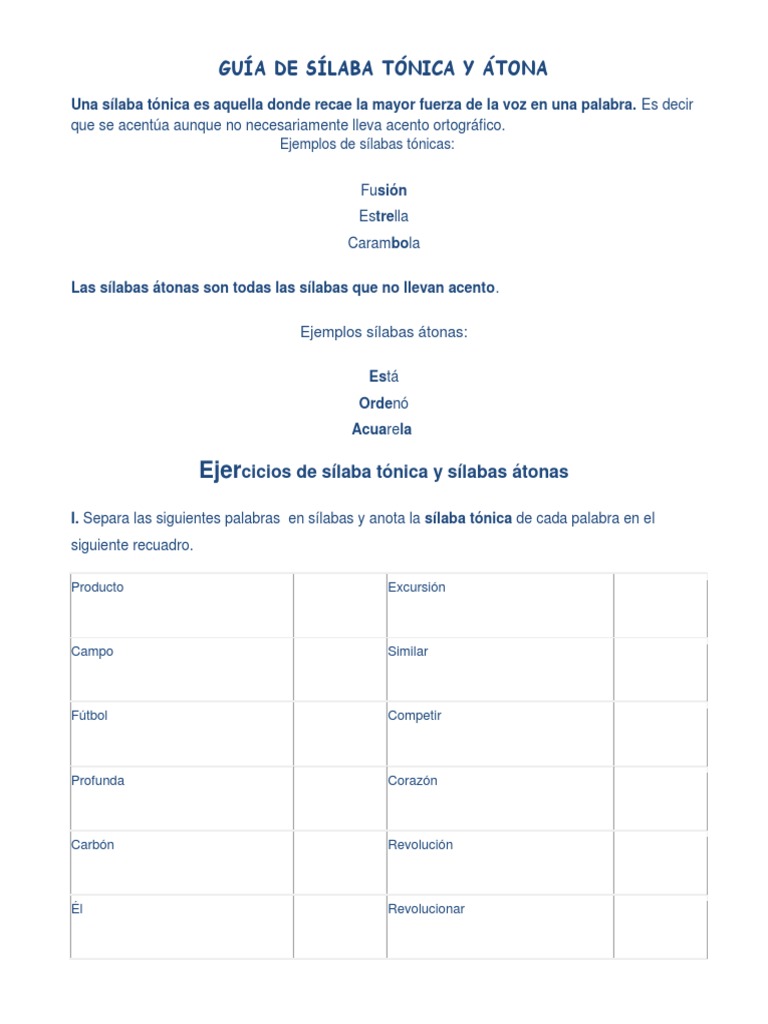Ejercicios de Sílaba Tónica y Átona | PDF